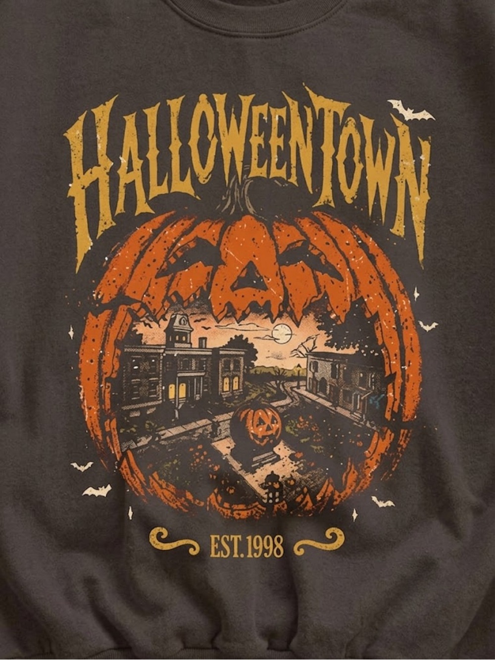 Gildan HalloweenTown Graphic Crewneck Sweater - Dark Brown with Orange Print - Picture 2 of 2